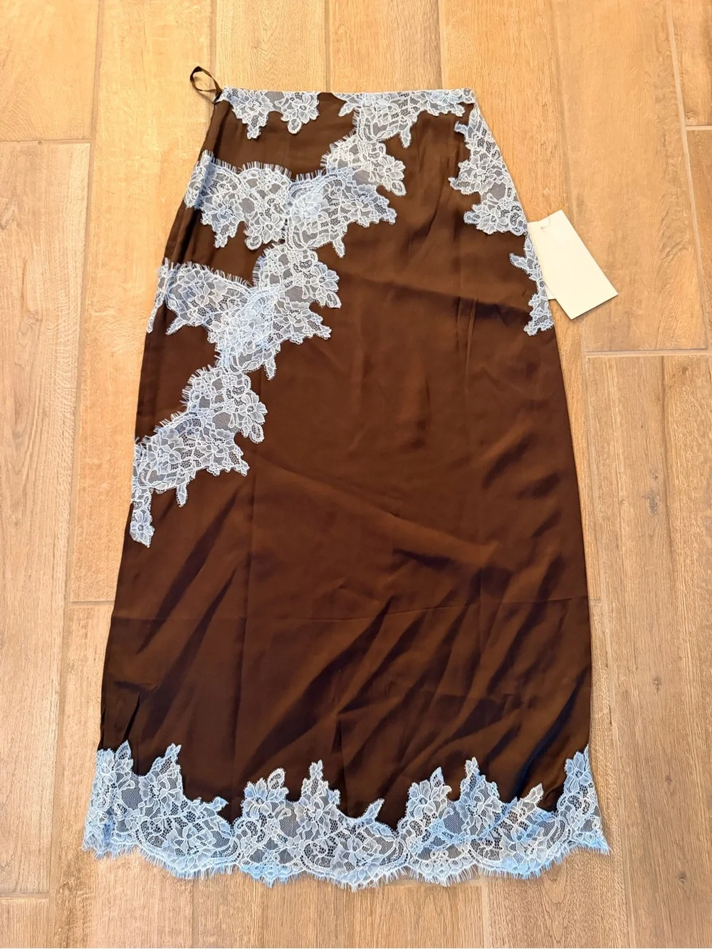 Never Fully Dressed lace trim satin maxi skirt co-ord in chocolate sz 2 - Picture 3 of 4